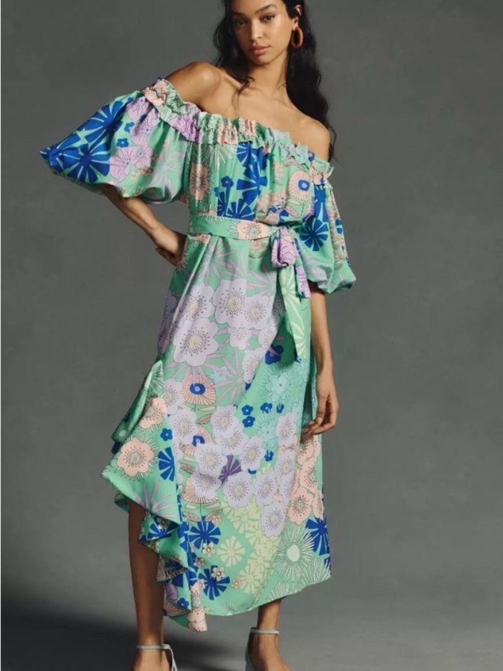 Anthropologie Oopscool Off-Shoulder Floral Midi Dress in Mint and Blue size S